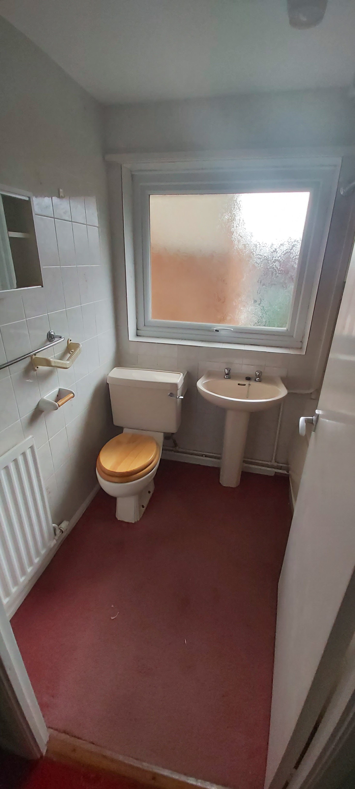 A small cloakroom with a red carpet, an old toilet and a pedestal basin before the work